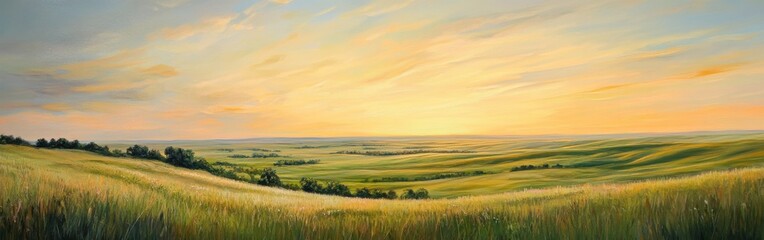 Fototapeta premium Expansive sunset view over the Flint Hills showcasing rolling landscapes and vibrant colors in the evening sky