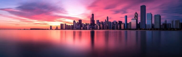 Obraz premium Stunning sunset over the Chicago skyline reflecting on Lake Michigan under vibrant colors