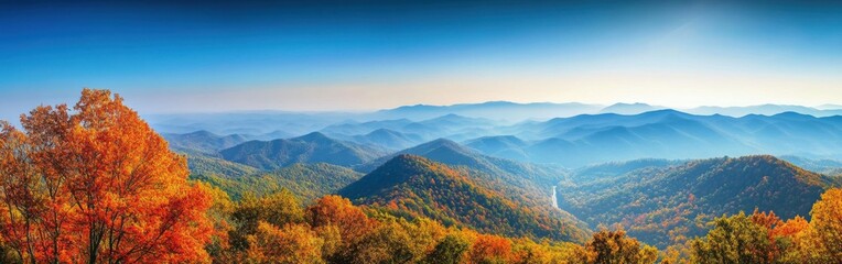 A stunning autumn view of the Blue Ridge Parkway showcasing vibrant fall foliage and rolling mountain ranges at dawn