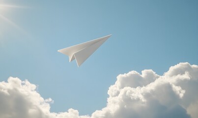 A single paper airplane flying high through fluffy white clouds in a bright blue sky, Generative AI