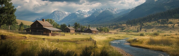 Obraz premium A serene view of Chief mountain surrounded by lush green fields and rustic cabins under a dramatic cloudy sky at dawn