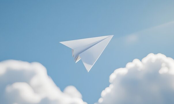 A single paper airplane flying high through fluffy white clouds in a bright blue sky, Generative AI - Powered by Adobe