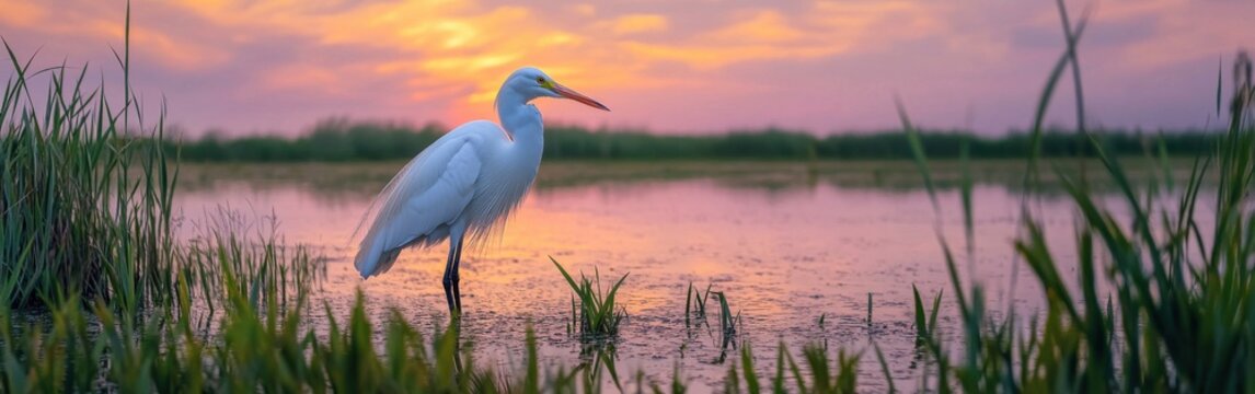 A snowy egret stands gracefully at sunset beside a tranquil wetlands lake, surrounded by lush grass and a vibrant sky filled with warm colors