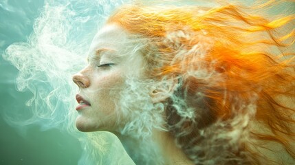 A serene underwater portrait features a woman with flowing orange hair and a dreamy expression surrounded by wispy smoke, ideal for wellness, beauty, or artistic projects,