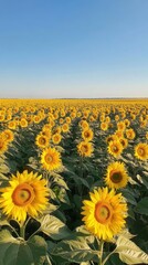 Fototapeta premium A colorful sunflower field stretches under a clear blue sky, showcasing nature's beauty during a sunny afternoon in late summer