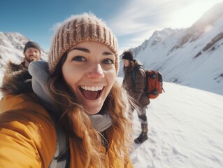 happy Friends enjoying snow on background of mountains. having fun spending winter vacation in mountains Travel in winter