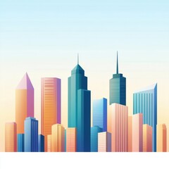 Obraz premium Vibrant Urban Skyline Illustration at Dusk with Colorful Tall Buildings and Soft Sky Gradients Reflecting Modern Architecture and City Life