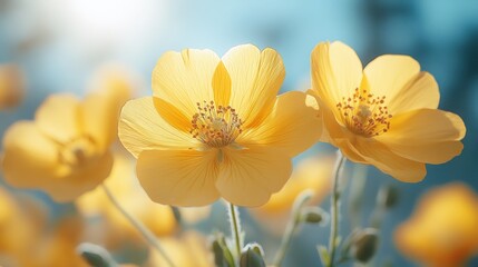 Obraz premium Two bright yellow flowers in sunlight.