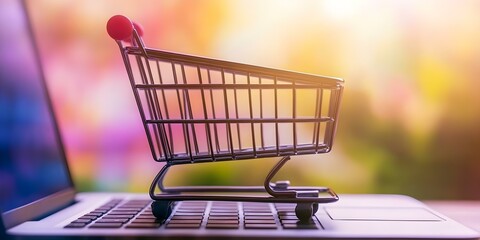 A shopping cart placed on a laptop keyboard, symbolizing online shopping and e-commerce. Concept Online Shopping Concept, E-commerce Symbolism, Digital Retail Experience, Shopping Cart Icon