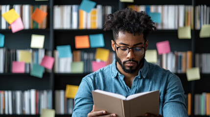 Reading man in library surrounded by colorful sticky notes, focused on book. atmosphere is studious and vibrant, showcasing love for learning and knowledge