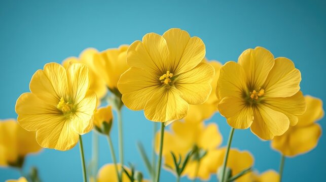 Vibrant yellow flowers against a blue background.