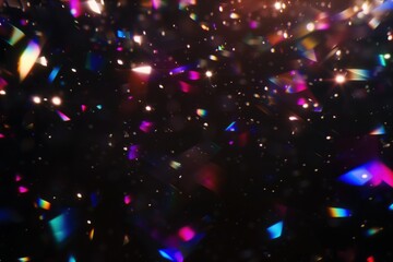 Vibrant abstract rainbow light reflections on dark background. Ideal for creative design, futuristic theme, colorful effects. Blurry sparkling particles in the air, festive light effect