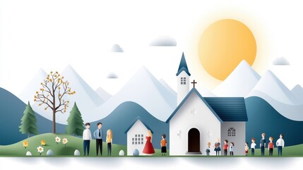 Quaint mountain village with traditional church and cozy homes nestled in a serene pastoral landscape of rolling hills lush meadows and towering peaks under a bright sunny sky