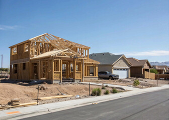 construction of the house, A new house being built in the suburbs of Las Vegas. Here you can see the wooded frame taking the shape of the final house