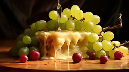melted cheese falls gracefully on a bunch of fresh red and green grapes. Generative AI