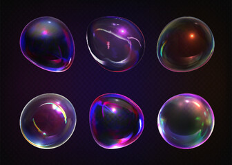 Realistic 3d glass spheres featuring soap bubble iridescent effect. Collection of transparent orbs displaying rainbow reflections, light refractions and luminous highlights on dark background.