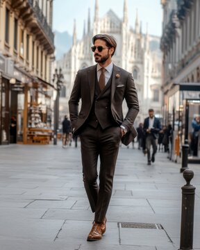 Fototapeta Stylish Italian man in tailored suit walks confidently through Milan's historic streets and high-end shopping district