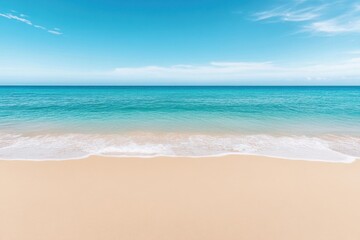 Fototapeta premium Tranquil Coastal Scene with Soft Waves Gently Lapping at Golden Sandy Beach and Clear Blue Skies Above, Perfect for Relaxation and Vacation Imagery