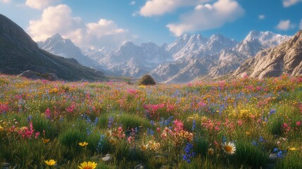 Stunning view of Alabama Hills showcasing vibrant wildflowers and majestic mountains under bright sunlight