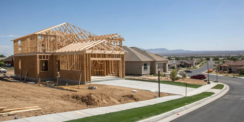 new home construction, A new house being built in the suburbs of Las Vegas. Here you can see the wooded frame taking the shape of the final house. 