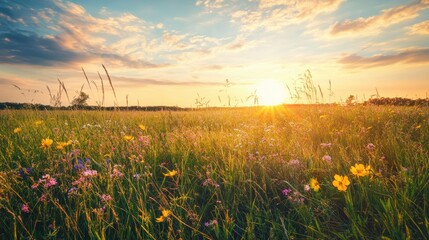 Stunning tallgrass prairie panorama with vibrant wildflowers at Bear Creek Nature Park during a colorful sunset © vadosloginov
