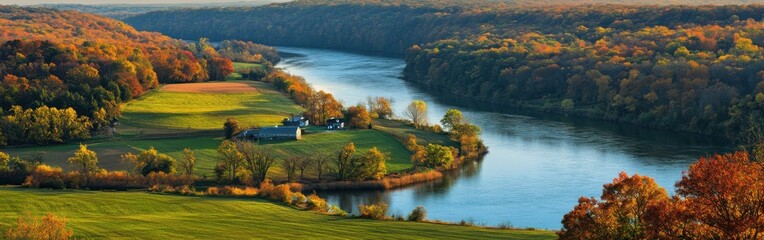 Stunning panorama of rolling hills, colorful foliage, and serene river in Blackstone Valley, Rhode Island during autumn