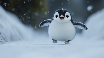 A cute penguin chick joyfully waddles through falling snow.