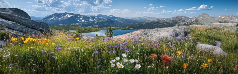 Expansive view of wildflower meadows and alpine lakes in Beartooth Mountains during summer