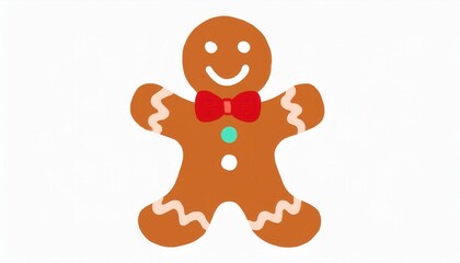Smiling Gingerbread Man with Red Bow Tie and Icing Details. Perfect Festive Holiday Cookie Design for Christmas Decorations, Baking Themes, and Winter Themed Party Invitations