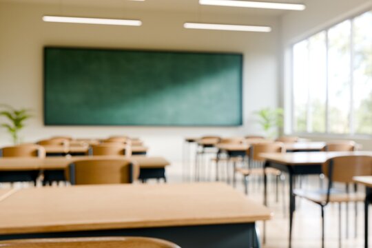 Bright Blurred Empty Classroom with Wooden Desks, Chairs and Green Chalkboard. 3d render.