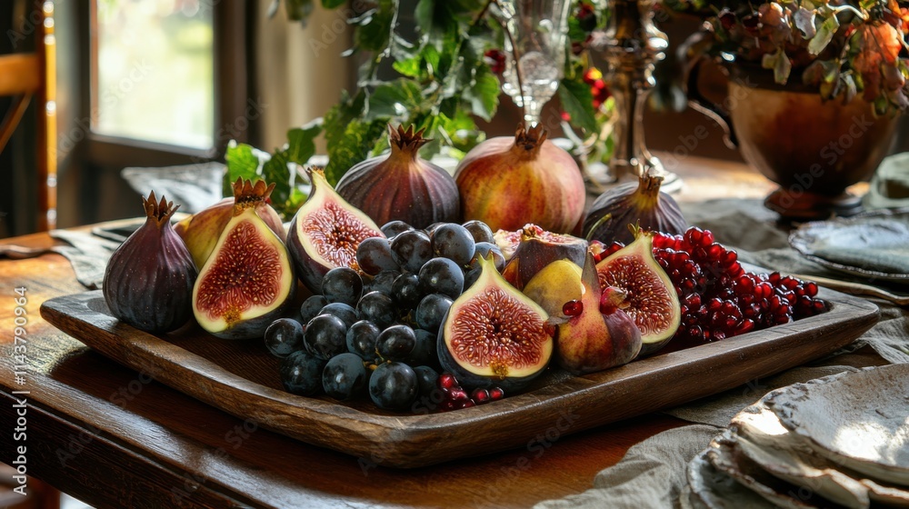 Poster Elegant rustic table setting with fresh figs, pomegranates, and grapes illuminated by soft evening light