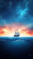 Obraz premium Majestic Sailing Ship on Tranquil Sea under Starry Sky at Sunset with Vibrant Clouds and Cosmic Background in a Dreamlike Landscape