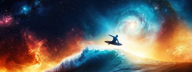 Obraz premium Surfer Riding Waves Under Cosmic Sky with Colorful Galaxies and Stars, Capturing the Essence of Adventure and Freedom in Outer Space Surfing Experience