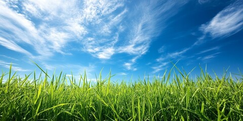Fototapeta premium Lush uncut wheat grass stretches under a vibrant blue sky, creating a serene landscape. The uncut wheat grass stands tall, offering a picturesque view against the backdrop of the blue sky.