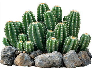 Succulent Cactus Growing Among Stones on White Background