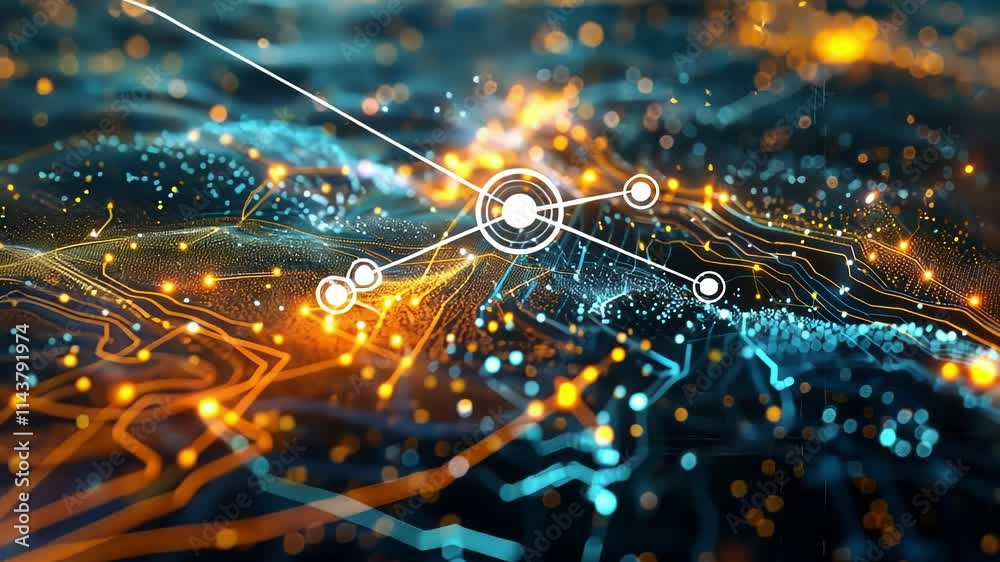Poster big data flowing across a futuristic landscape, creating a dynamic visualization of information with