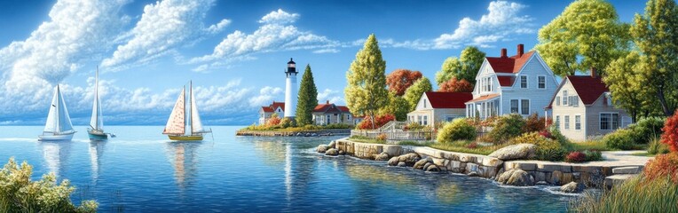 Obraz premium Charming historic Door County with lighthouses and sailboats on Lake Michigan's tranquil waters