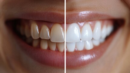 Smile transformation showcasing before and after teeth whitening results with bright, healthy appearance