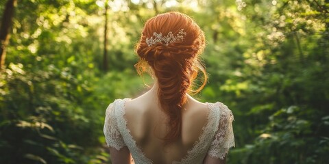 Stunning red haired bride captured outdoors in a lush forest, showcasing her beautiful red hair while surrounded by nature, creating an enchanting atmosphere for this memorable moment.