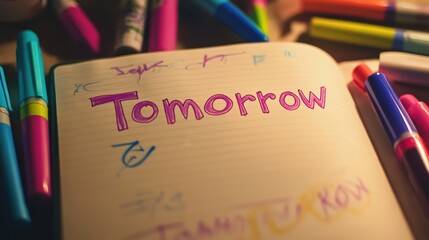 Inspiring journal with motivational quotes and colorful markers creating a creative atmosphere for next day's plans