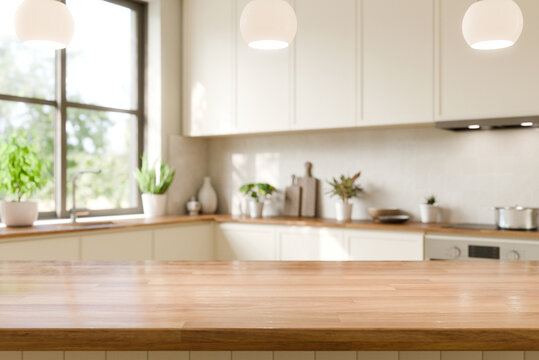 Modern Kitchen Interior with Bright Natural Light. Wood counter top with blurred kitchen background. 3d render.