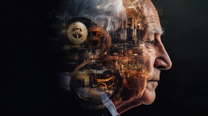 Elderly face intertwined with industrial revolution machinery and urban landscapes showcasing the evolution of civilization