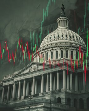 Fototapeta Fluctuating stock market graph overlays the US Capitol building illustrating economic and political dynamics