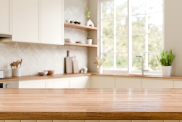 Wood counter top with blurred kitchen background. Bright, Modern Kitchen with Natural Light and...