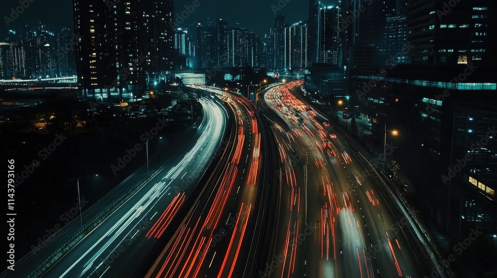 Aufkleber dynamic night view of a bustling highway with vibrant light trails in a modern cityscape