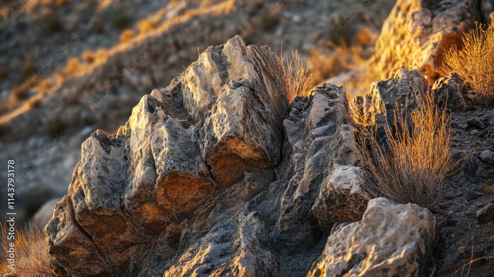 Poster close-up view of intricate rock formations in a canyon during golden hour with vibrant textures and 