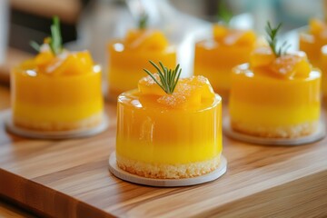 glossy yellow desserts small round cakes wooden board