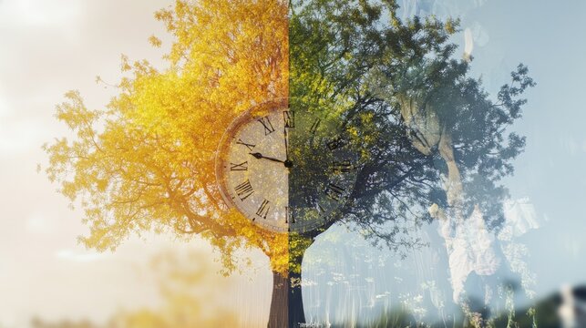 Cinematic double exposure showcasing a tree through the four seasons with a clock representing the passage of time