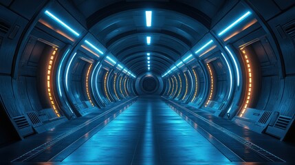 Futuristic spaceship corridor with neon blue and orange lights.