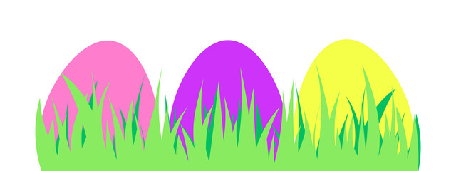 Colorful Easter eggs in pink, purple, and yellow partially hidden in green grass on a white background. Spring holiday design